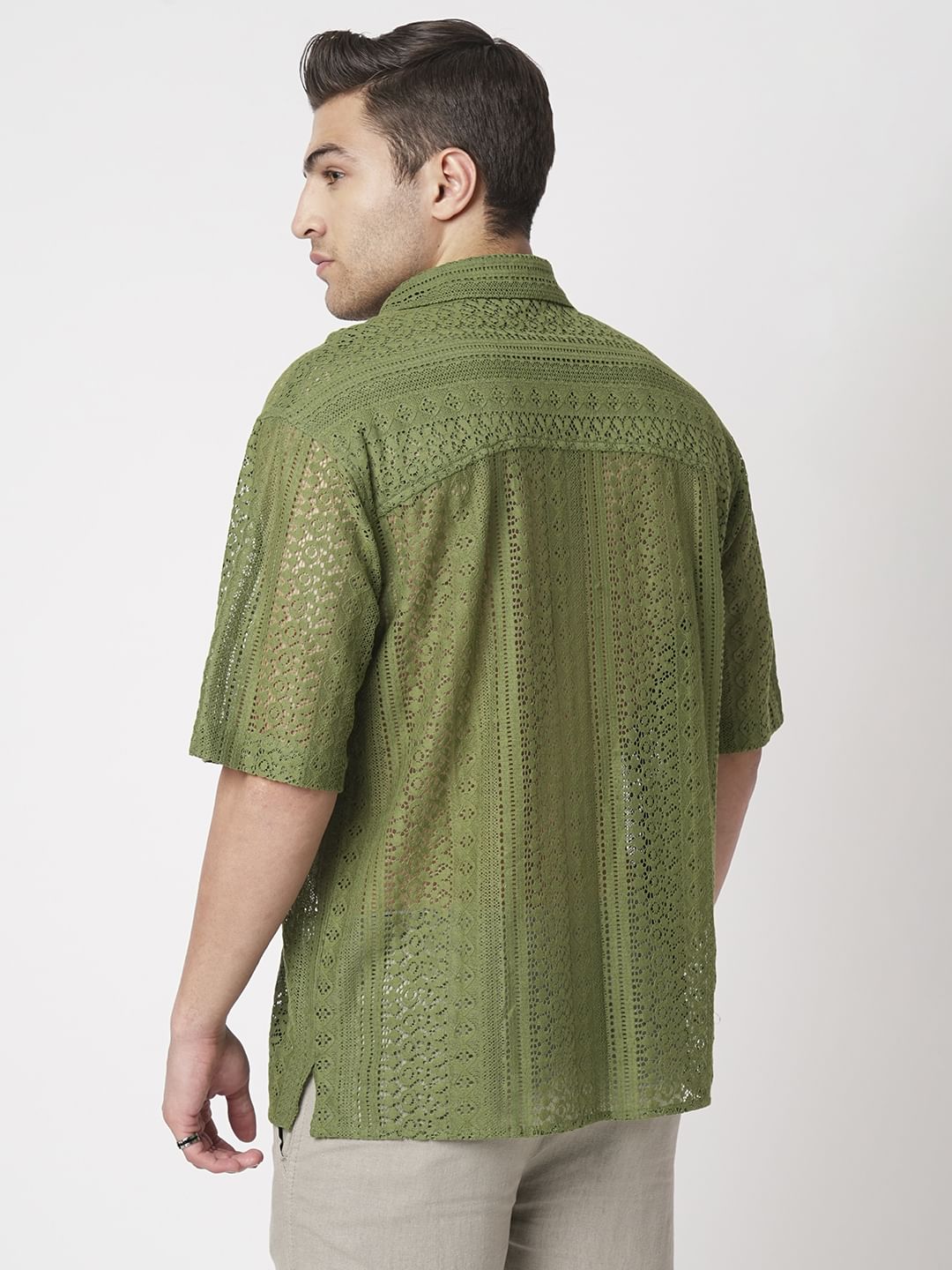Moss Green Crochet Oversized Polo Shirt