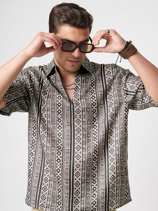 Brown Tribal Print Oversized Polo Shirt