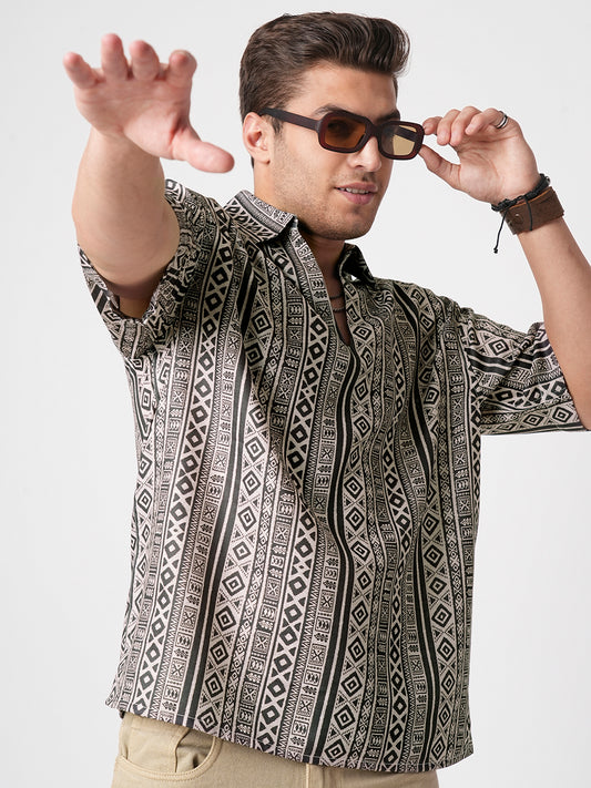 Brown Tribal Print Oversized Polo Shirt