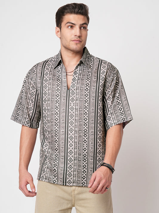 Brown Tribal Print Oversized Polo Shirt