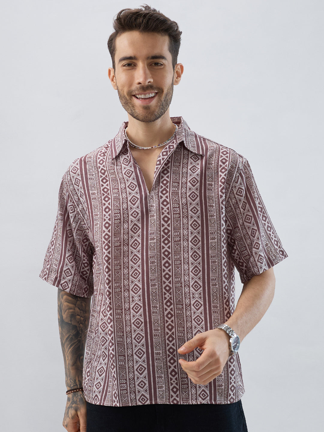 Pecan Brown Geometric Printed Oversized Polo Shirt