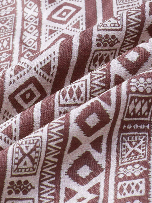Pecan Brown Geometric Printed Oversized Polo Shirt