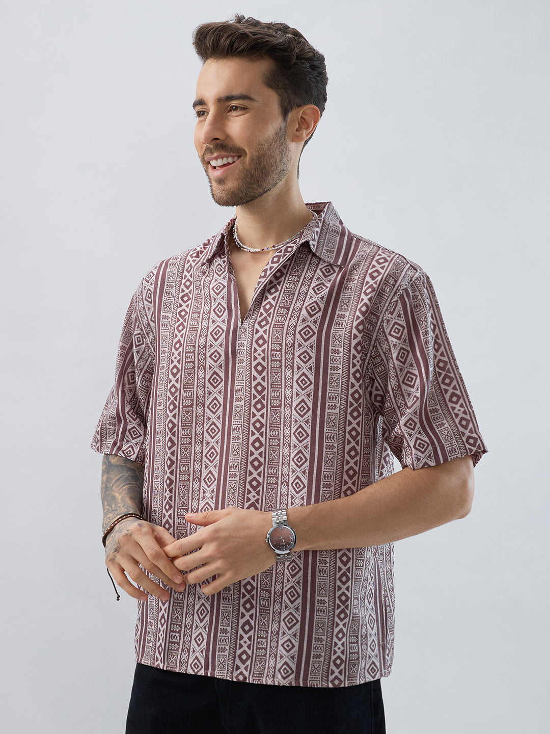Pecan Brown Geometric Printed Oversized Polo Shirt