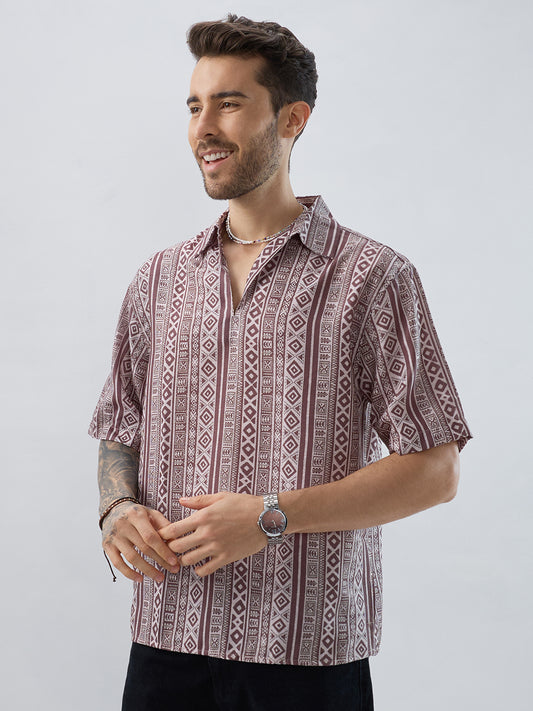 Pecan Brown Geometric Printed Oversized Polo Shirt