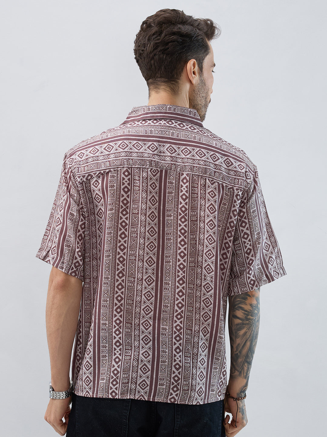 Pecan Brown Geometric Printed Oversized Polo Shirt