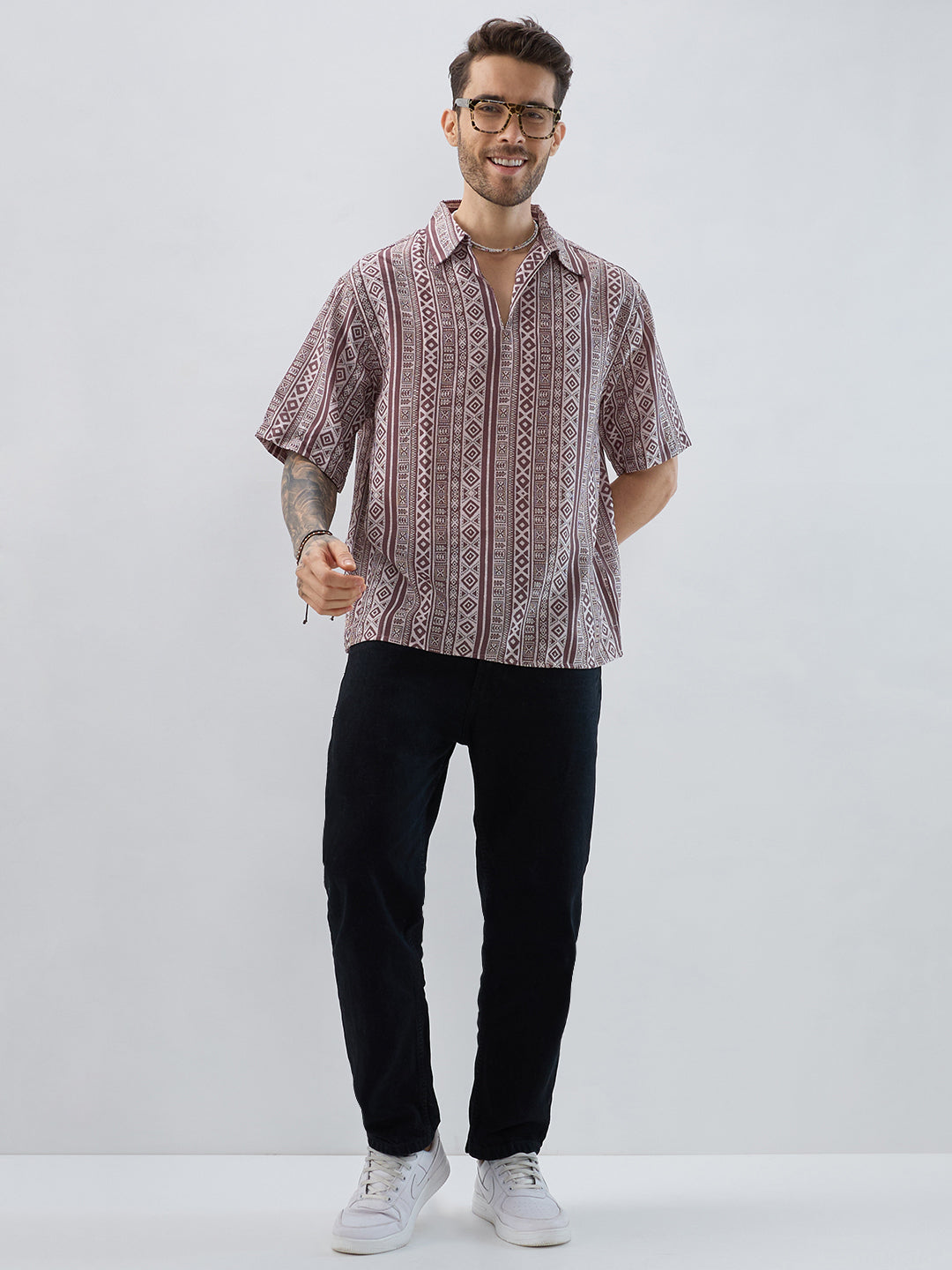 Pecan Brown Geometric Printed Oversized Polo Shirt