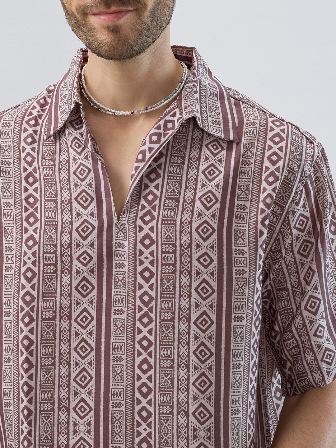 Pecan Brown Geometric Printed Oversized Polo Shirt