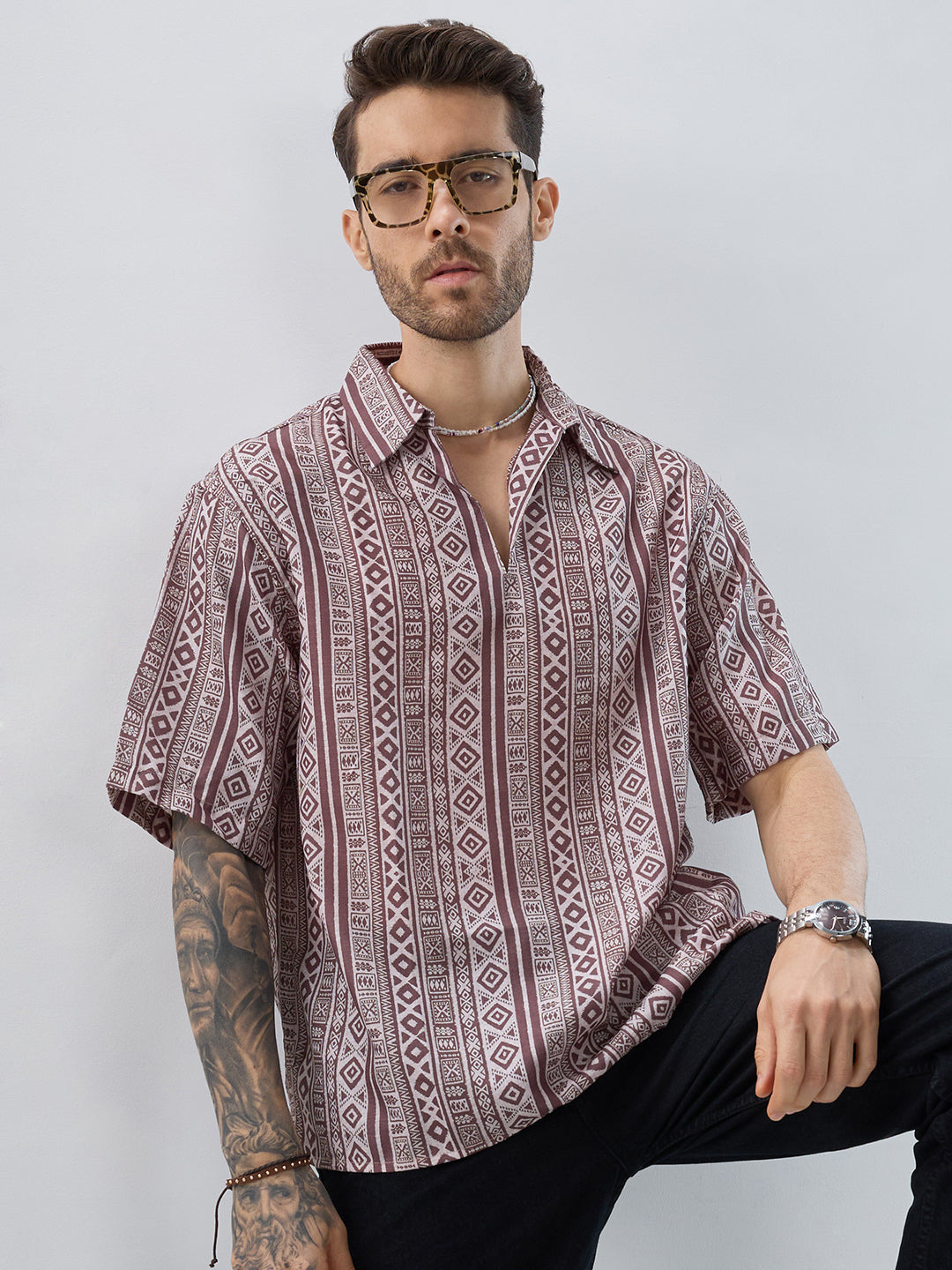 Pecan Brown Geometric Printed Oversized Polo Shirt