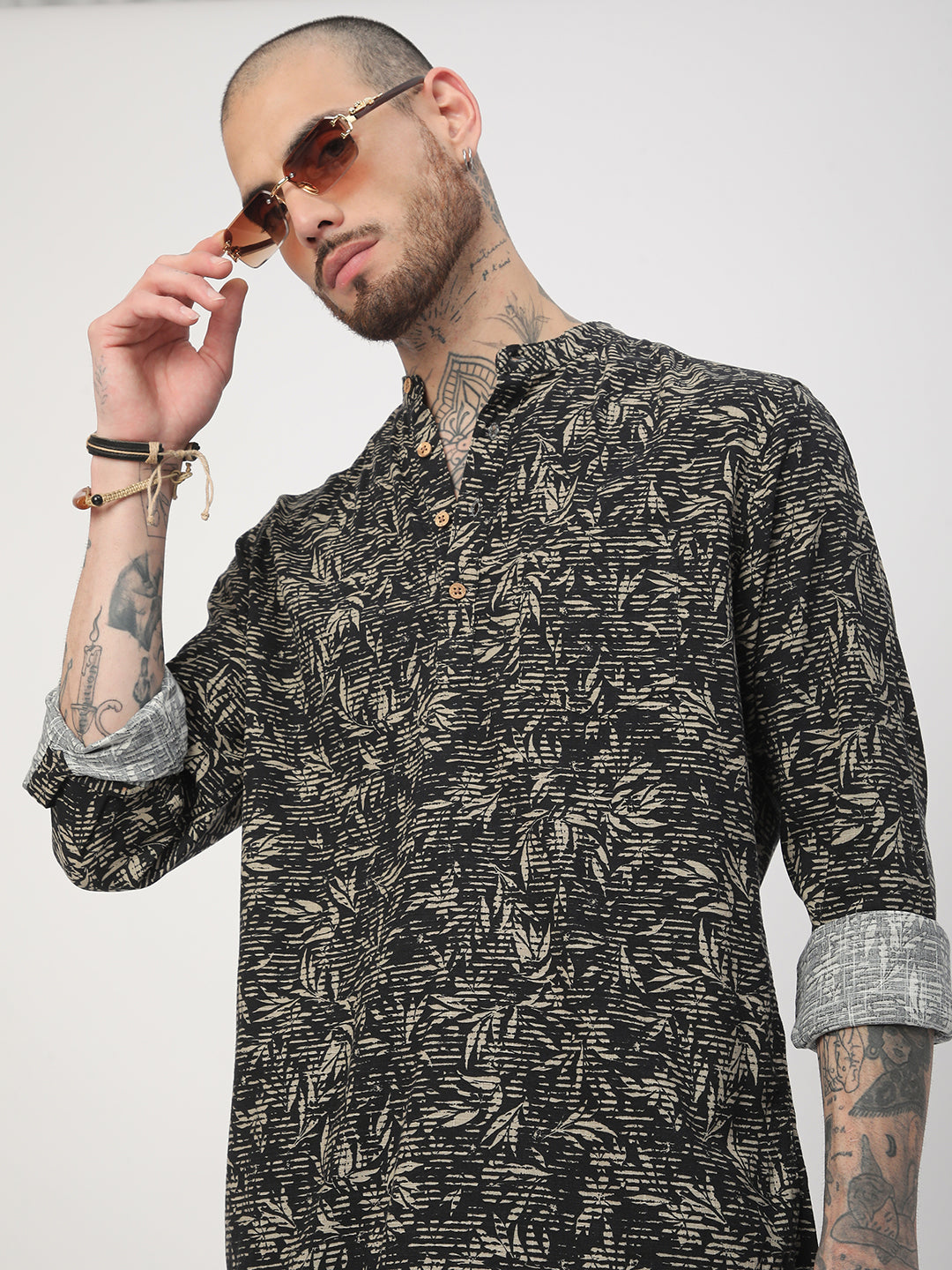 Black Leafy Printed Kurta