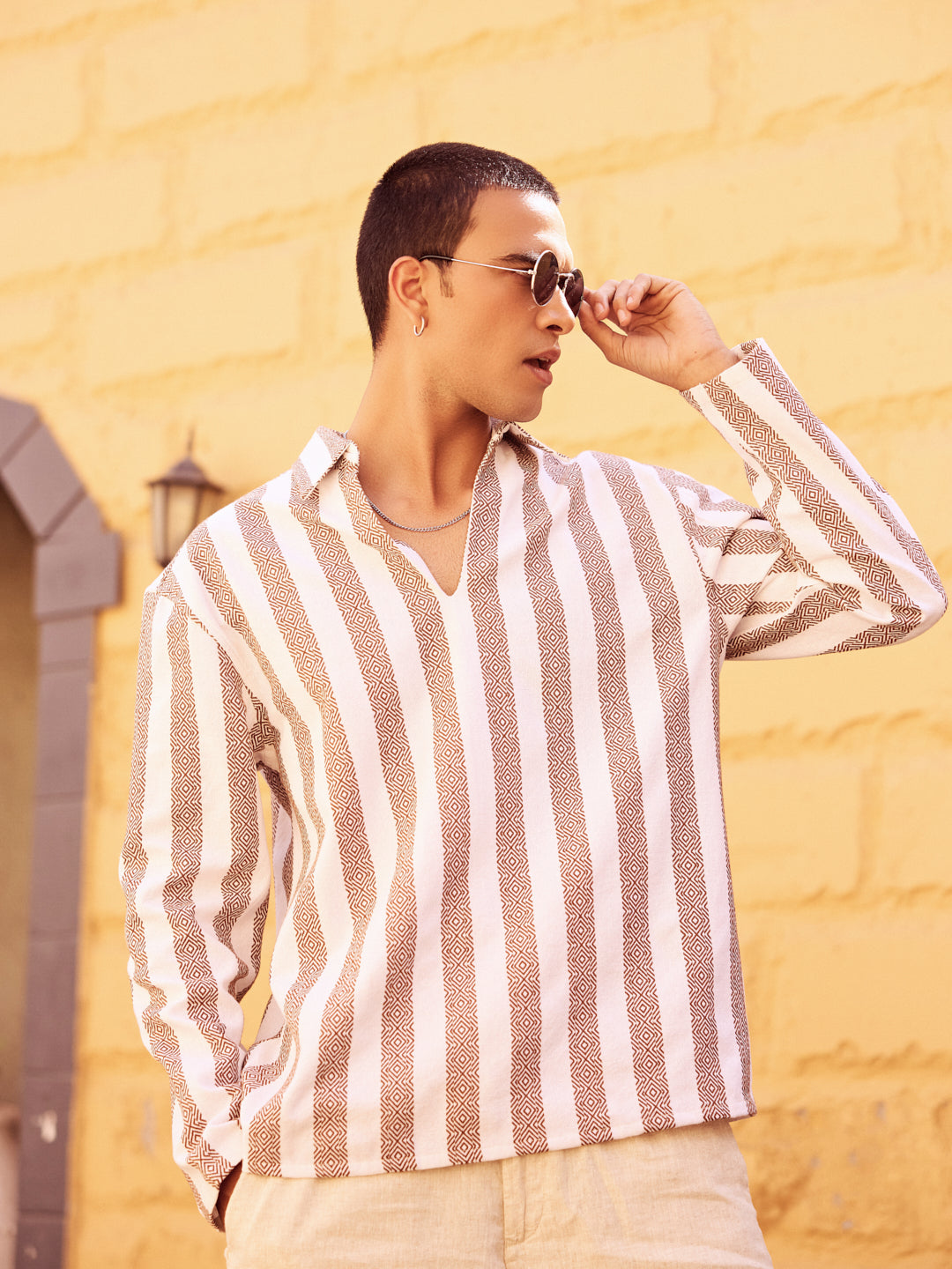 White & Brown Jacquard V Neck Collared Shirt