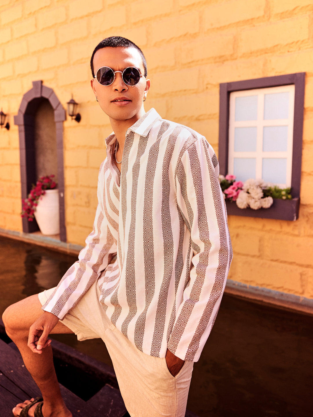 White & Brown Jacquard V Neck Collared Shirt