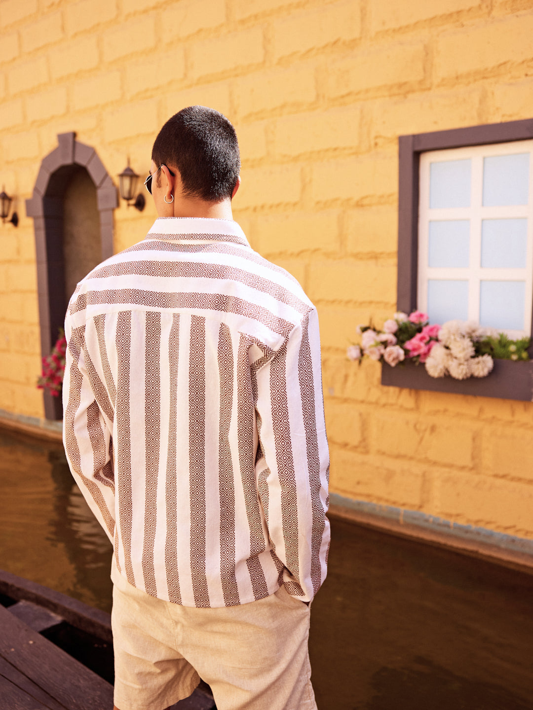 White & Brown Jacquard V Neck Collared Shirt