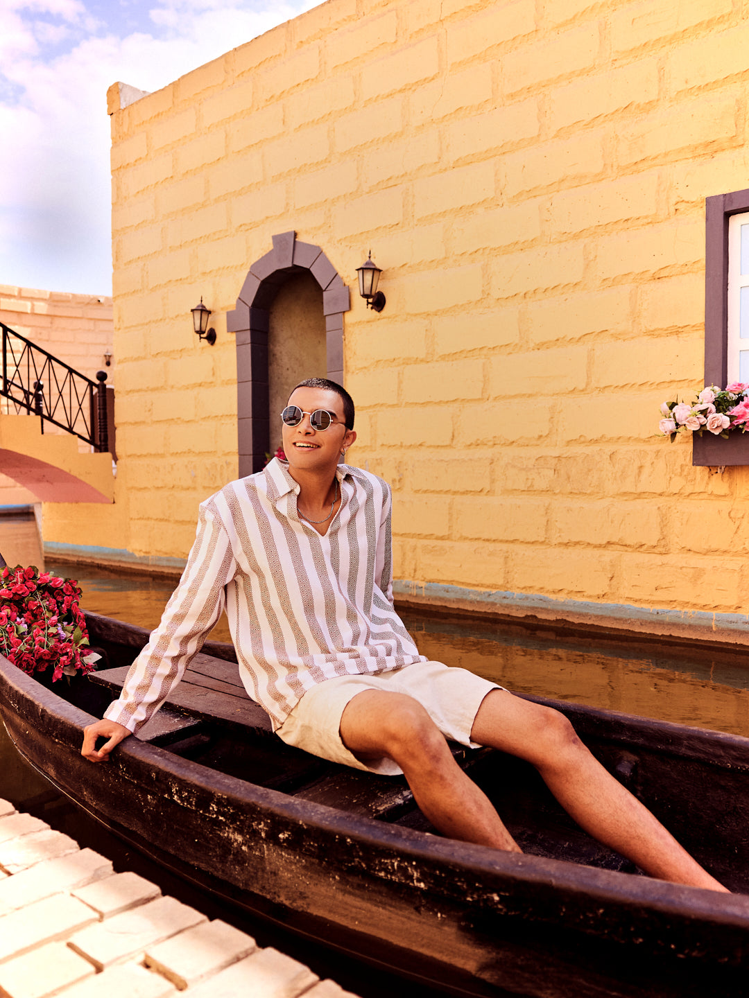 White & Brown Jacquard V Neck Collared Shirt