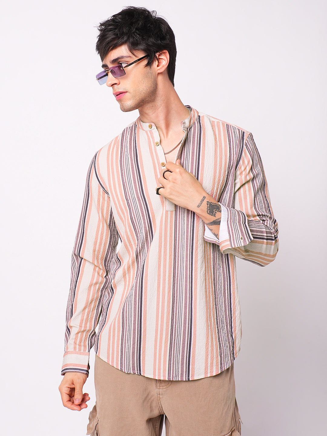 Multicolour Crinkled Striped Kurta