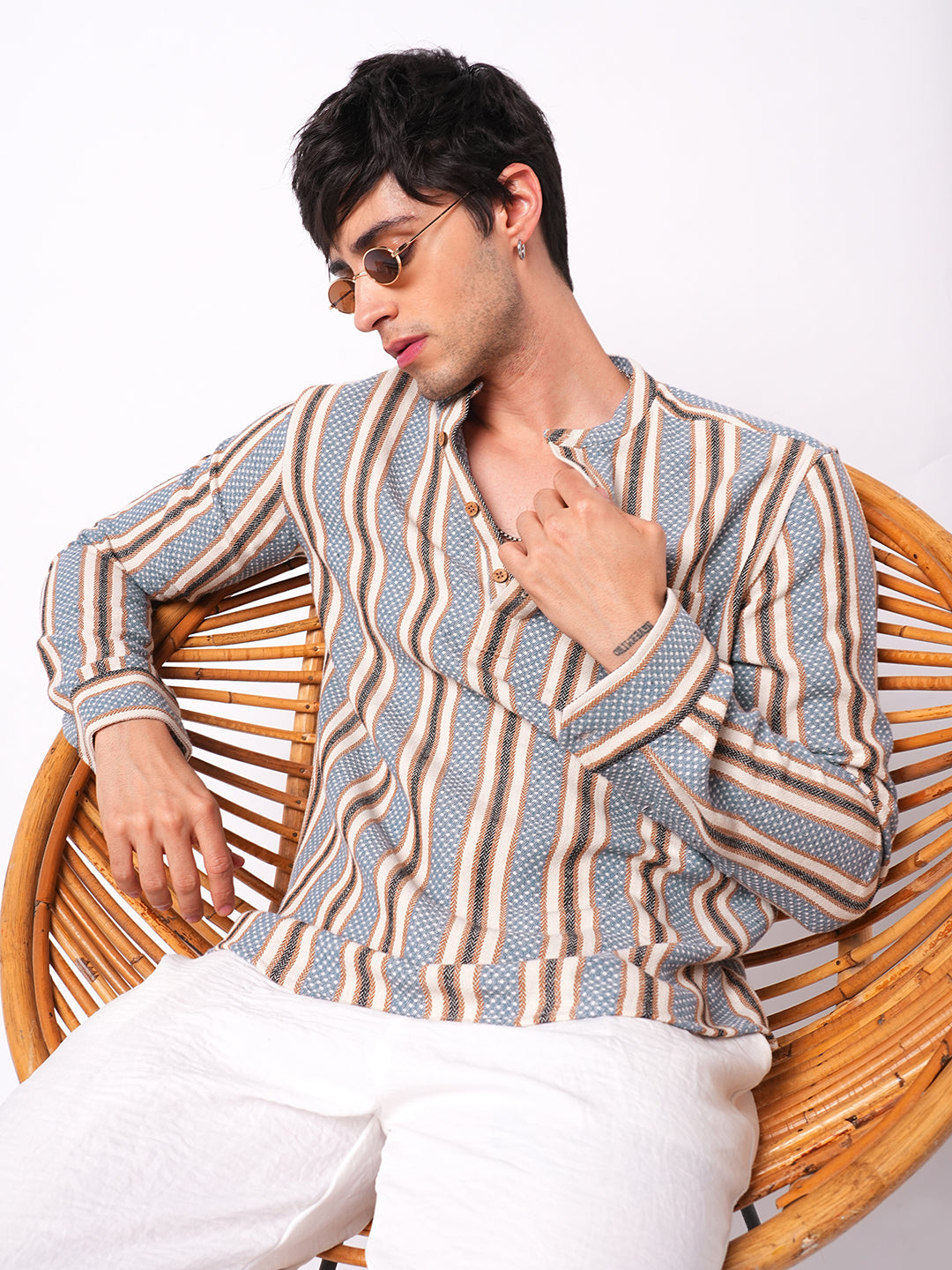 Folk Weave Bluey Boho Stripes Fusion Kurta