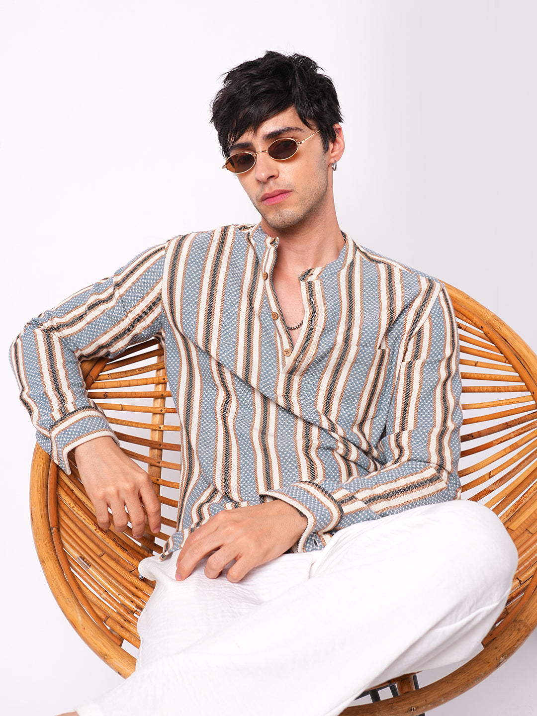 Folk Weave Bluey Boho Stripes Fusion Kurta