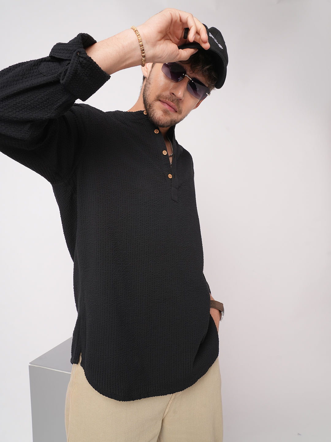 Ash Pinbar Black Seersucker Kurta