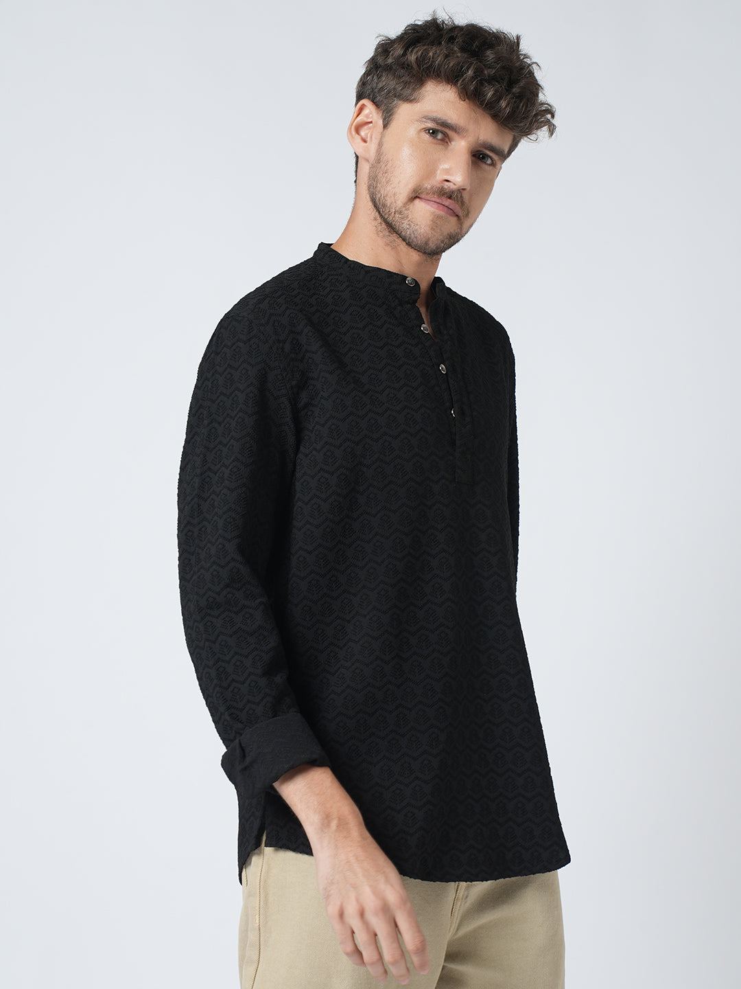 Black Self-Design Textured Kurta