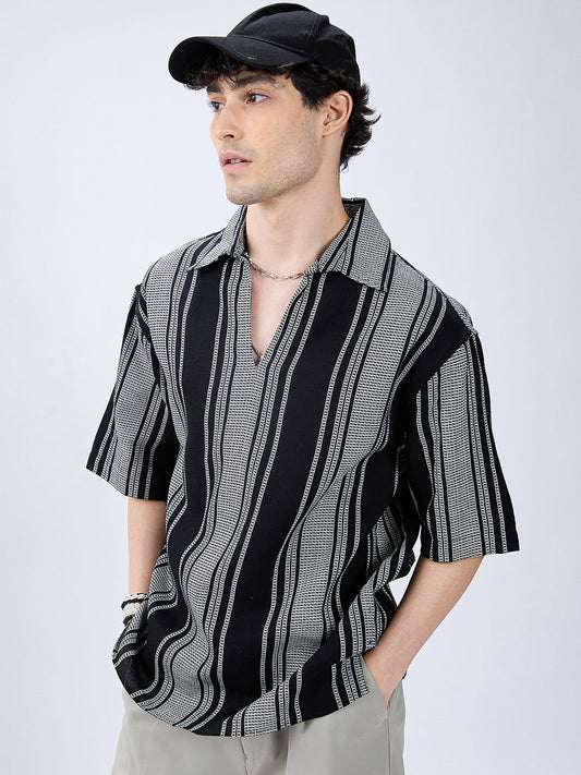 Monotone Vintage Striped Oversized Polo Shirt