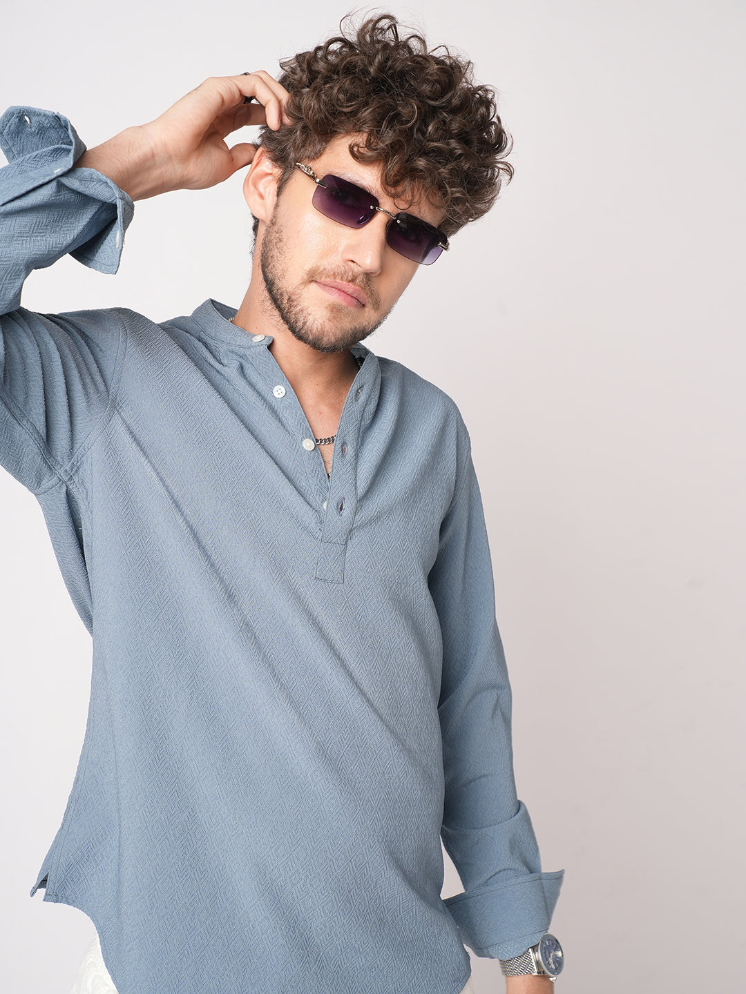 Ocean Blue Lozenge Textured Kurta