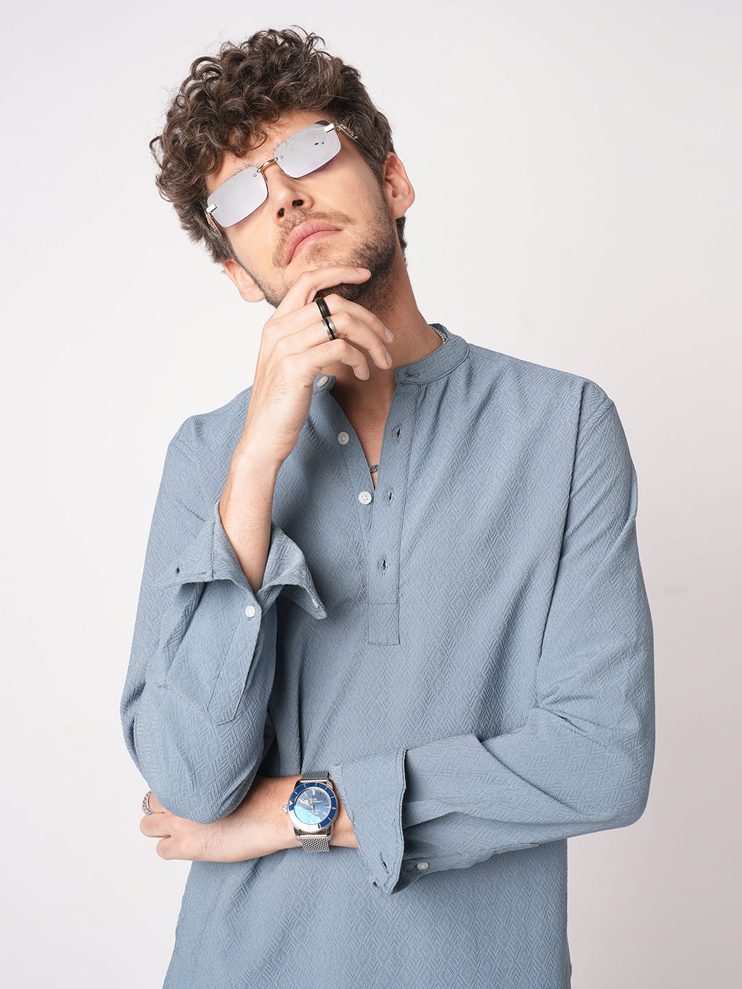 Ocean Blue Lozenge Textured Kurta