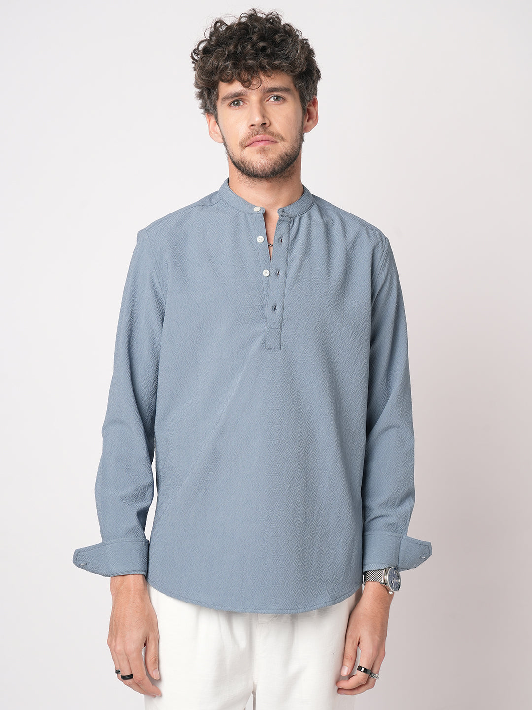 Ocean Blue Lozenge Textured Kurta