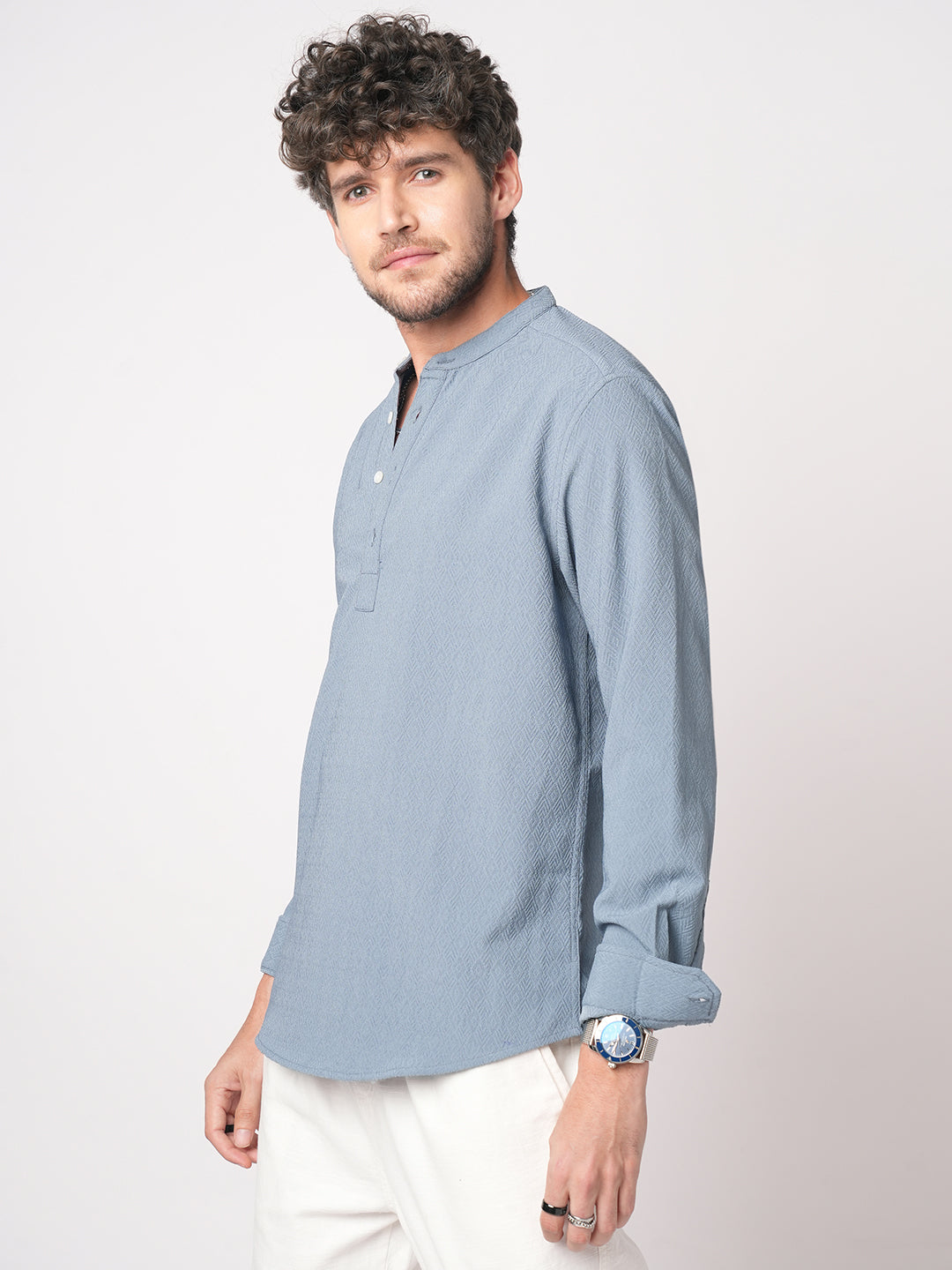 Ocean Blue Lozenge Textured Kurta