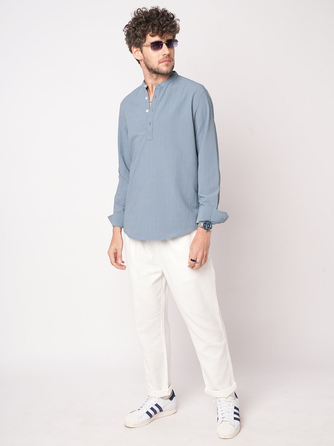 Ocean Blue Lozenge Textured Kurta