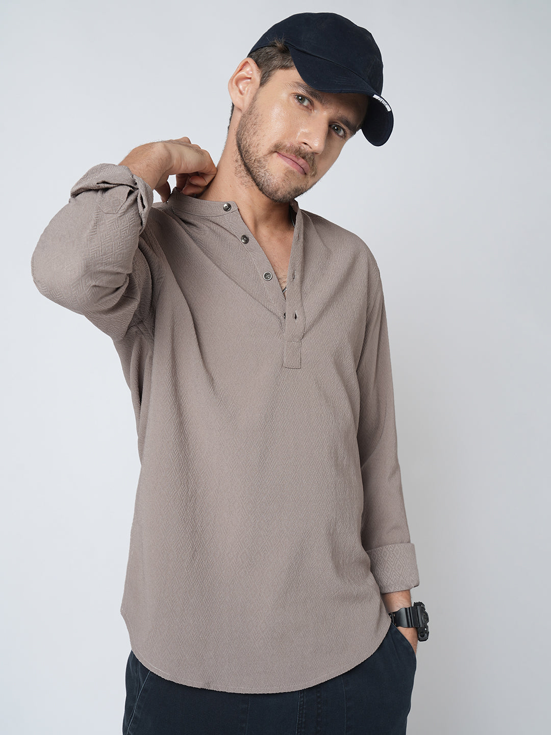 Grey Diamond Weave Textured Kurta
