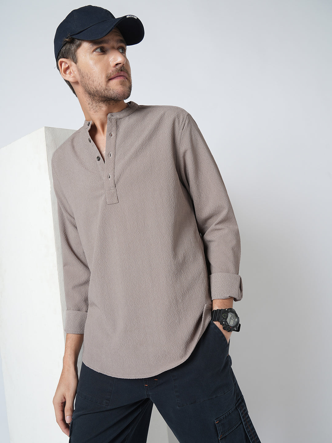 Grey Diamond Weave Textured Kurta