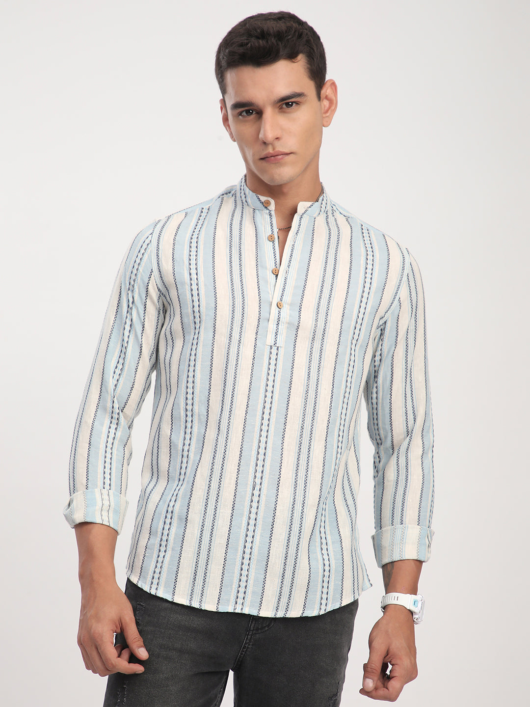 Off White & Columbia Blue Seabound Striped Kurta