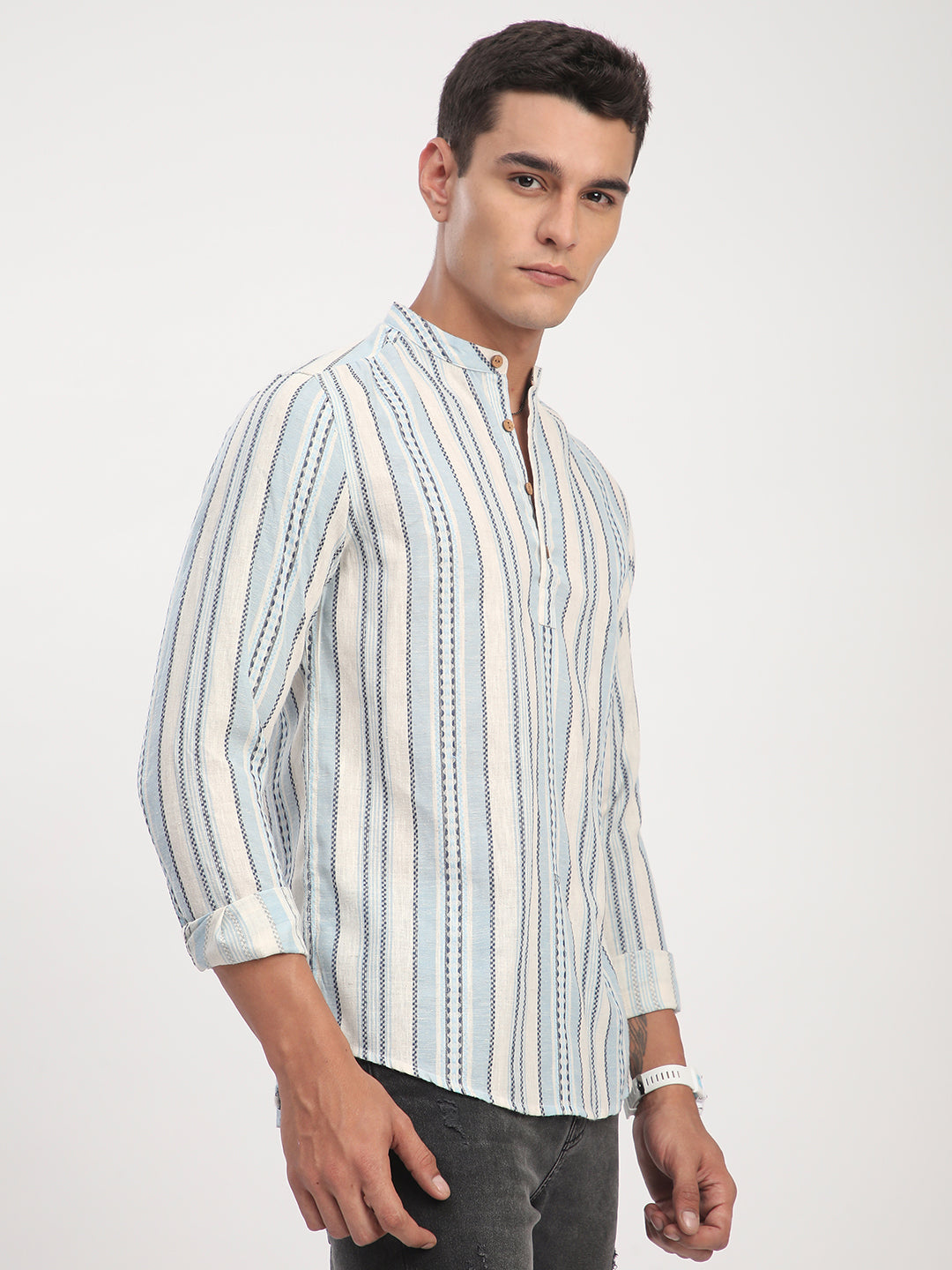 Off White & Columbia Blue Seabound Striped Kurta