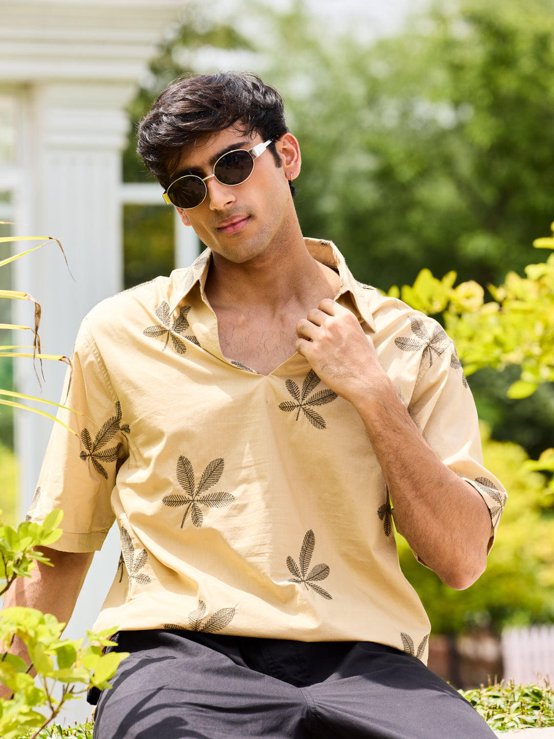 Coastal Breeze Palm Leaf Embroidered Khaki Oversized Polo Shirt