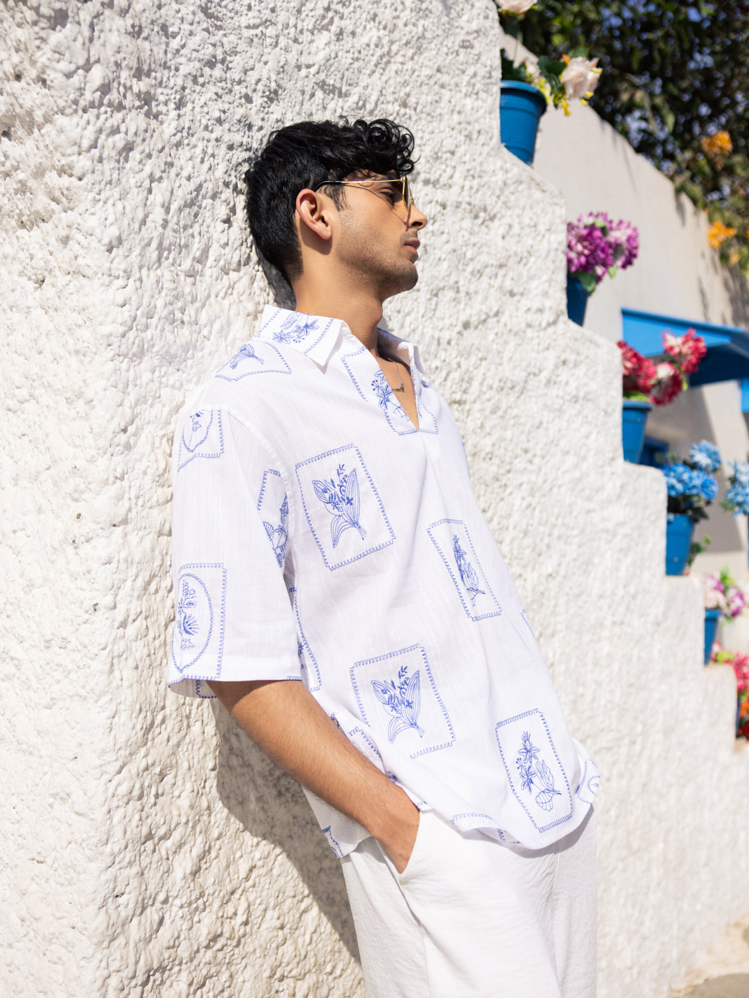 Blue Florèal Frame Embroidery Oversized Polo Shirt