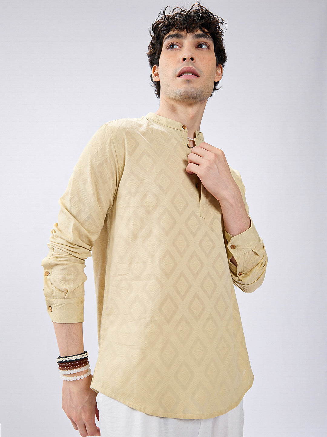 Soft Pale Yellow Diamond Woven Jacquard Kurta