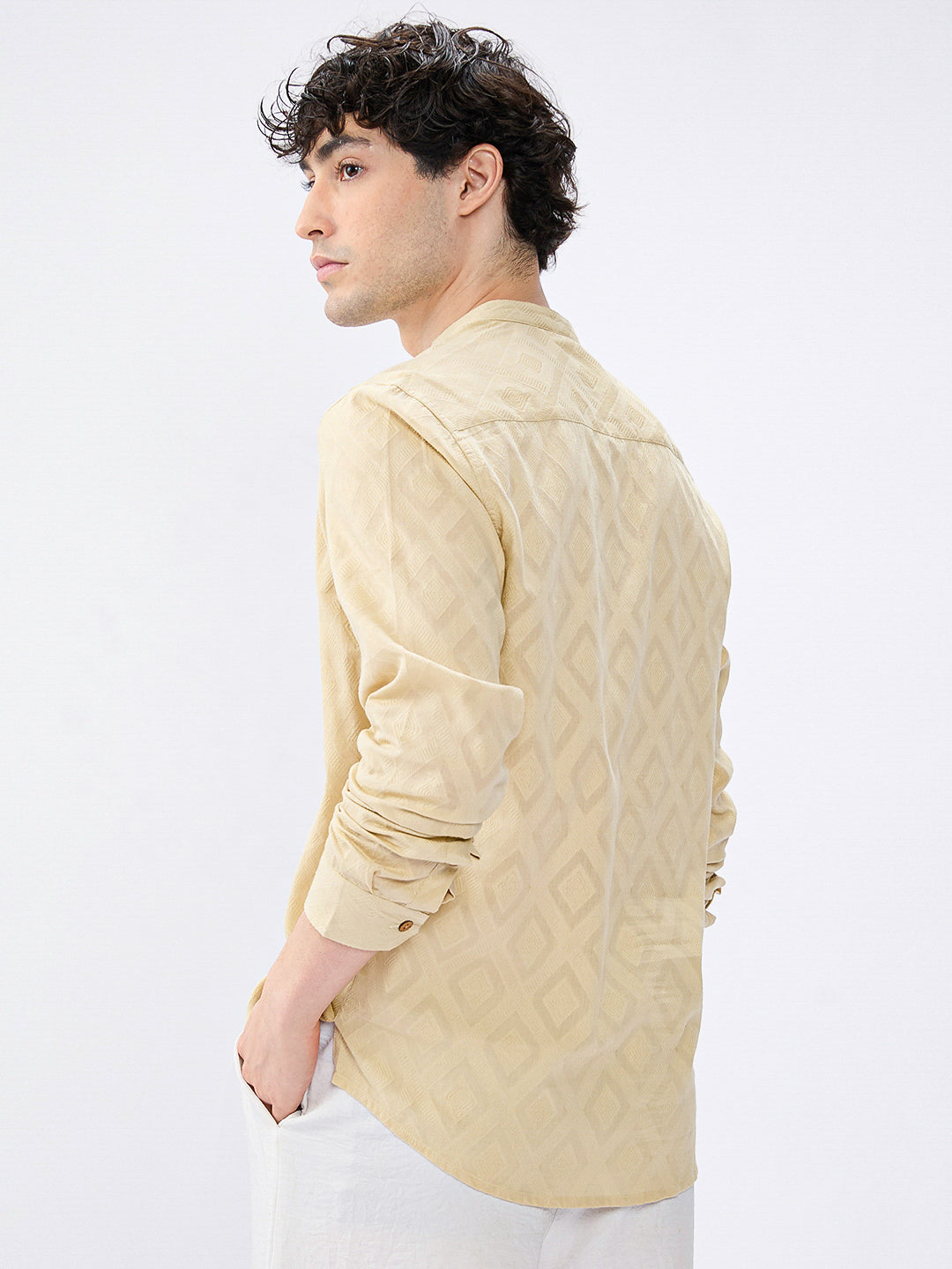Soft Pale Yellow Diamond Woven Jacquard Kurta