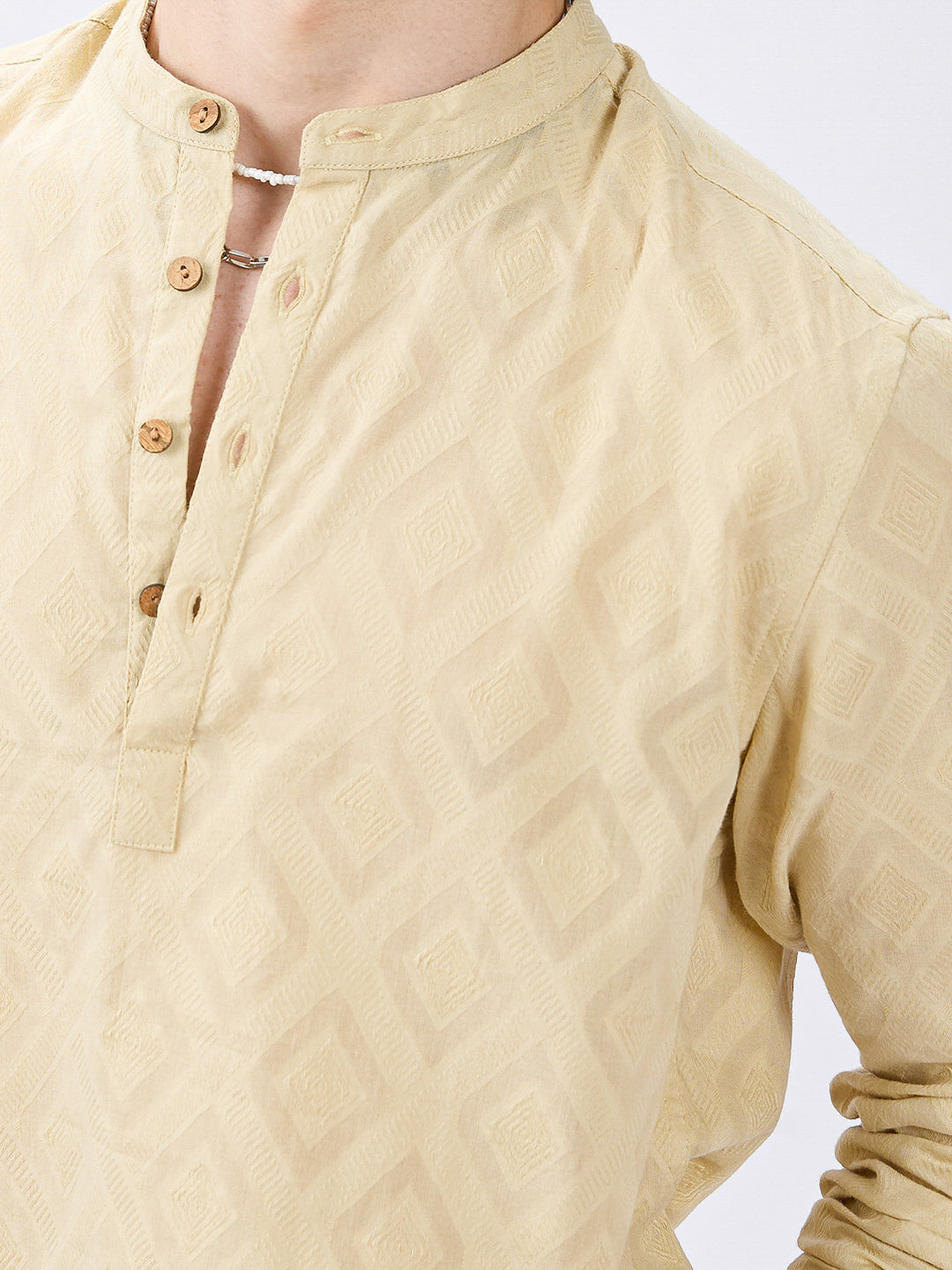 Soft Pale Yellow Diamond Woven Jacquard Kurta