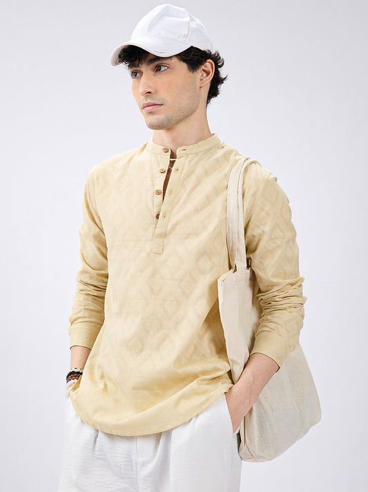Soft Pale Yellow Diamond Woven Jacquard Kurta