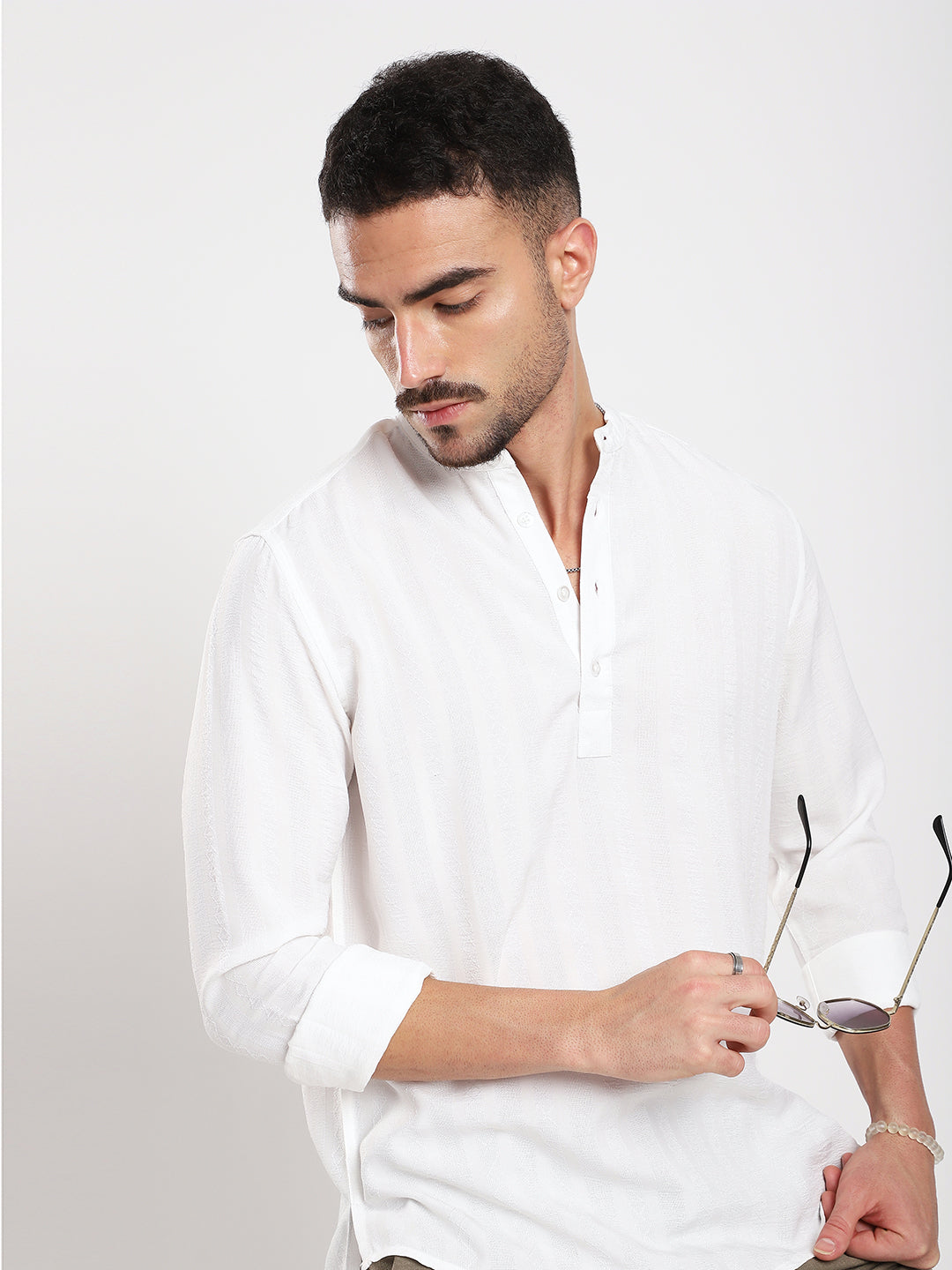 White Minimalist Jacquard Striped Kurta