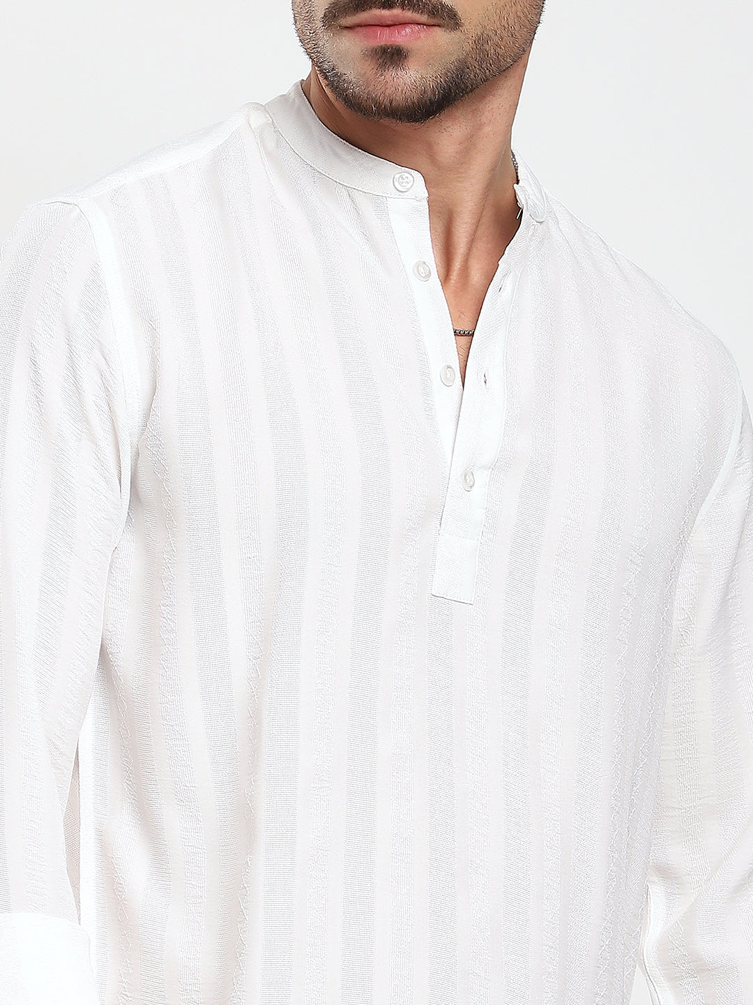 White Minimalist Jacquard Striped Kurta