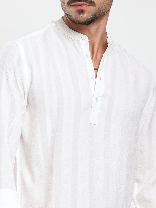 White Minimalist Jacquard Striped Kurta