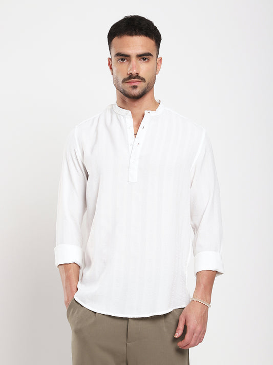 White Minimalist Jacquard Striped Kurta