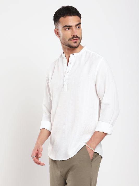 White Minimalist Jacquard Striped Kurta