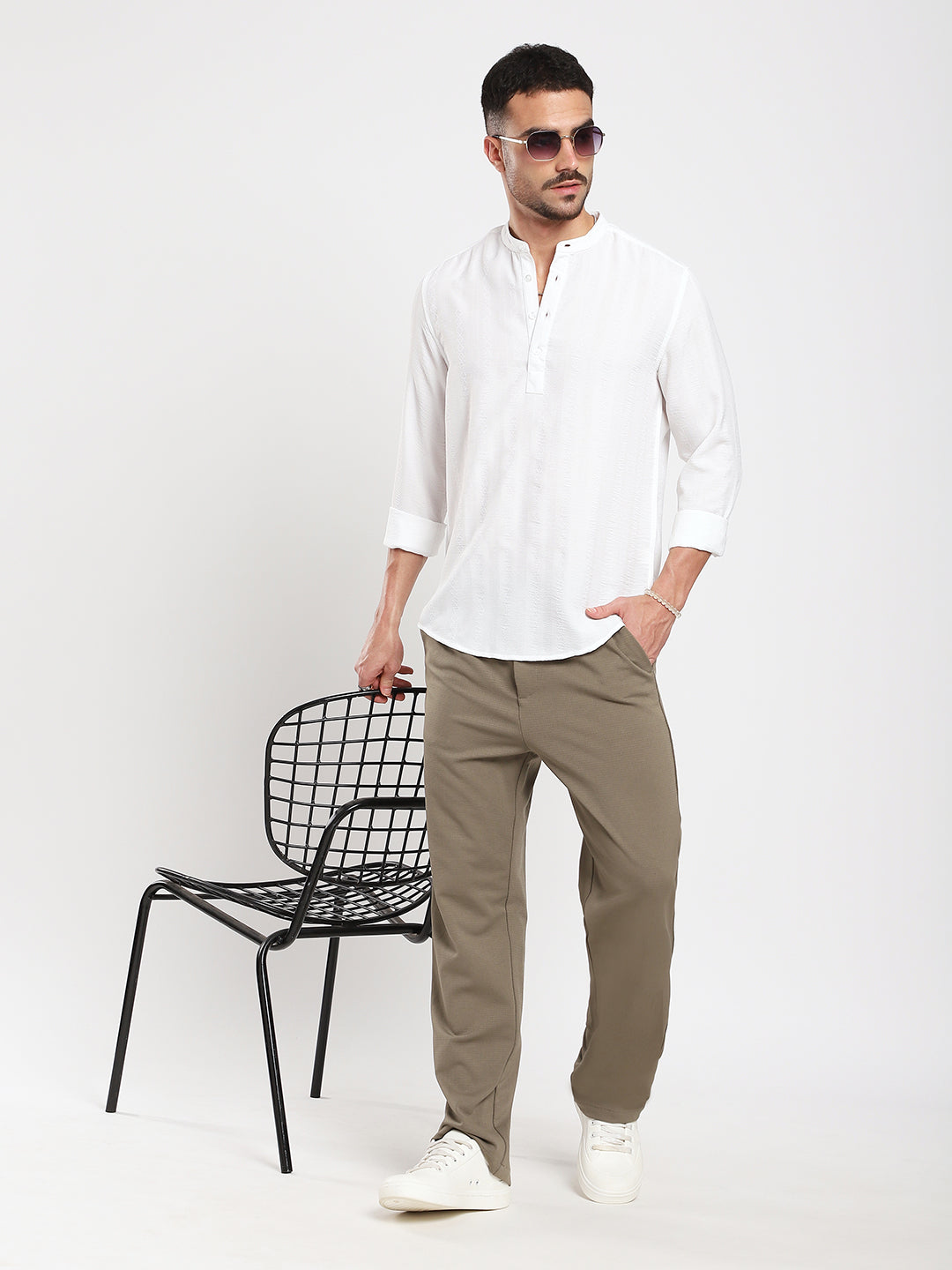 White Minimalist Jacquard Striped Kurta