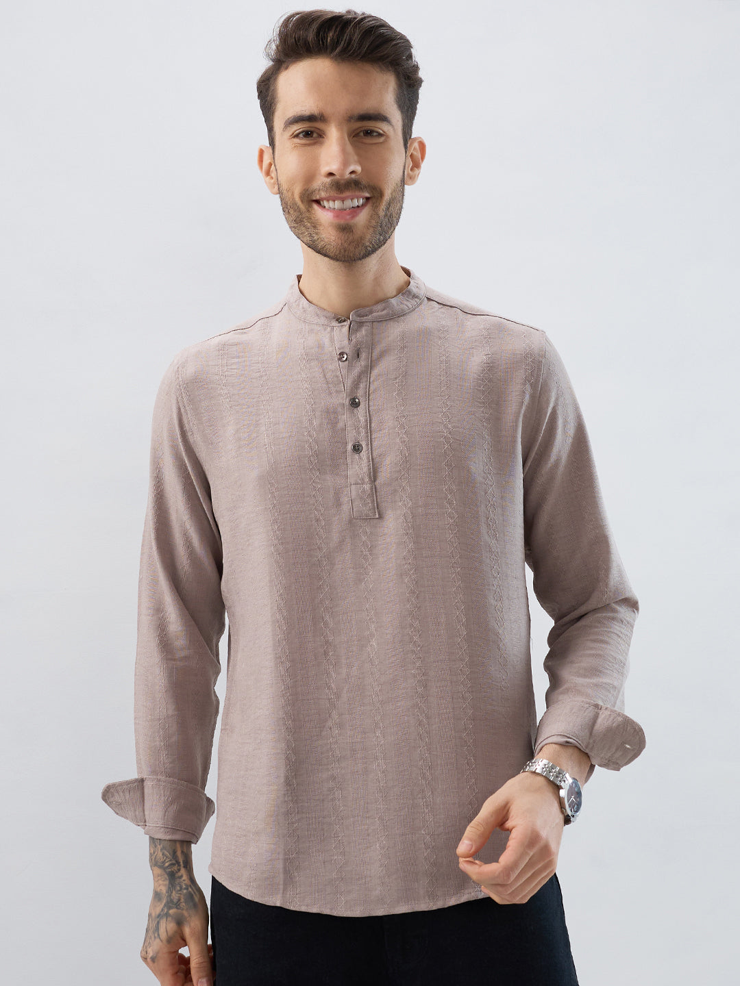 Taupe Lozenge Weave Striped Kurta