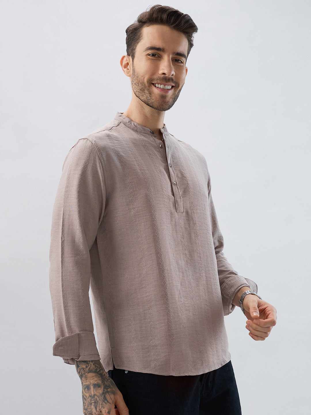 Taupe Lozenge Weave Striped Kurta