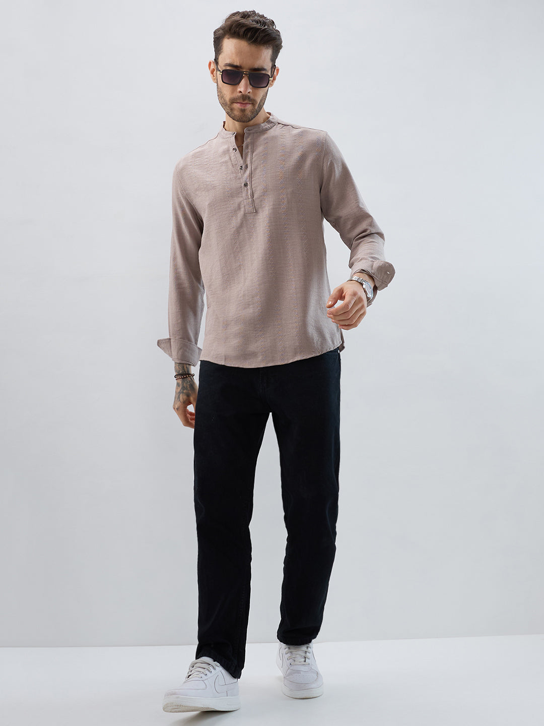 Taupe Lozenge Weave Striped Kurta