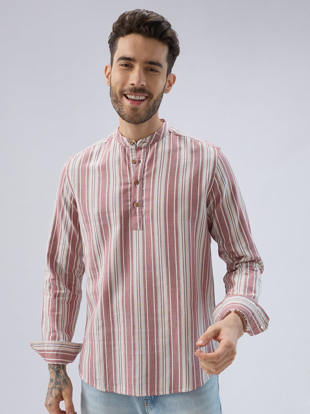 Refined Berry Red Retro Striped Kurta