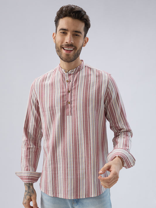 Refined Berry Red Retro Striped Kurta