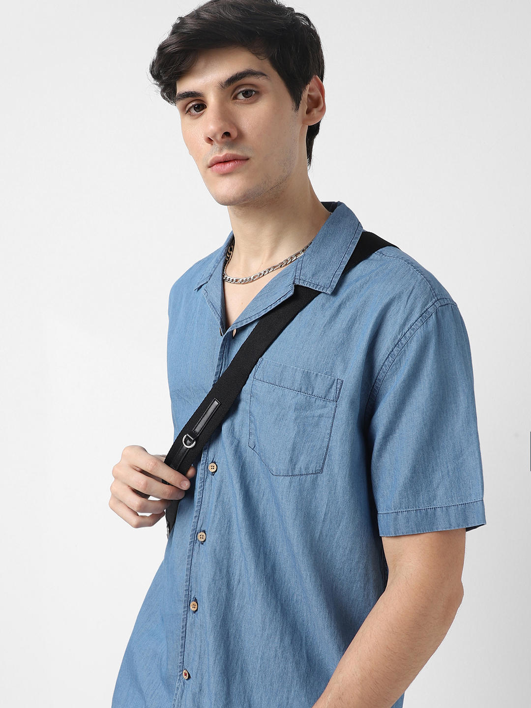 Blue Notch Collar Oversized Shirt